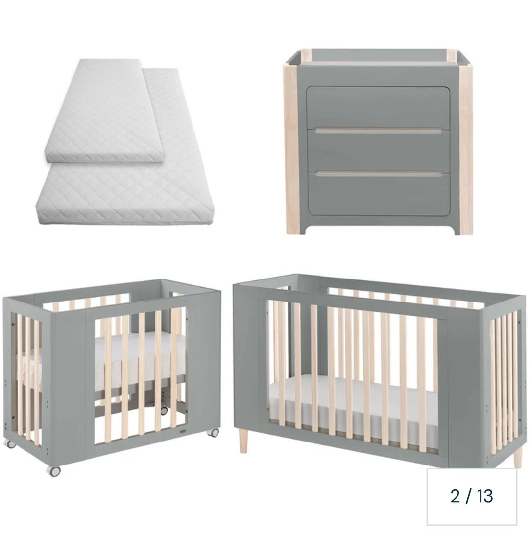 Cocoon Evoke 4-in-1 Cotbed + Change Area Dresser + Mattresses, Dove Grey / Natural Wash