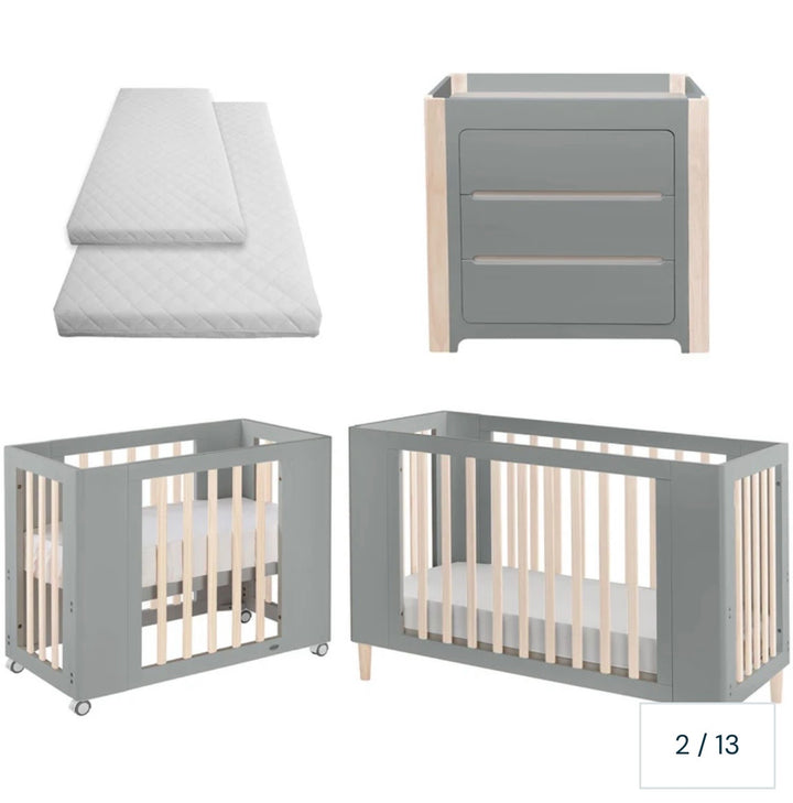 Cocoon Evoke 4-in-1 Cotbed + Change Area Dresser + Mattresses, Dove Grey / Natural Wash