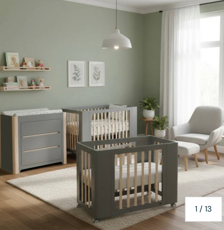 Cocoon Evoke 4-in-1 Cotbed + Change Area Dresser + Mattresses, Dove Grey / Natural Wash