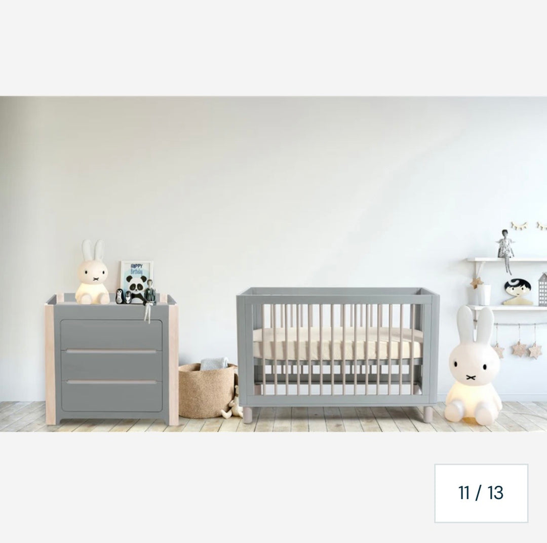 Cocoon Evoke 4-in-1 Cotbed + Change Area Dresser + Mattresses, Dove Grey / Natural Wash