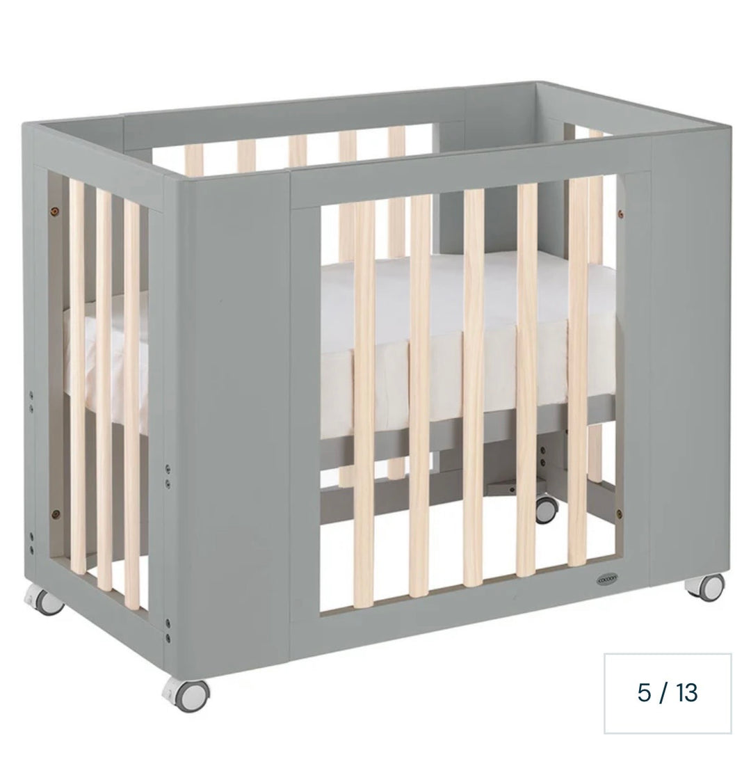 Cocoon Evoke 4-in-1 Cotbed + Change Area Dresser + Mattresses, Dove Grey / Natural Wash