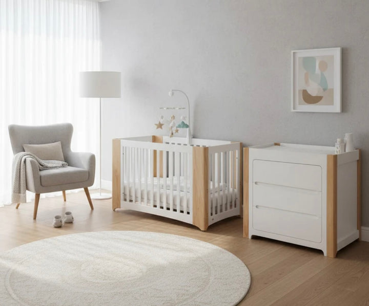 Cocoon Evoke 4-in-1 Cotbed + Change Area Dresser + Mattresses, Dove Grey / Natural Wash